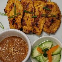 Lean Chicken Satay · 4 grilled chicken breast skewers (marinated with chili paste, turmeric, coriander/caraway se...