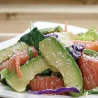 Salmon Avocado Salad · Fresh avocado and salmon with lettuce topped with kaiware served with olive oil and vinegar ...