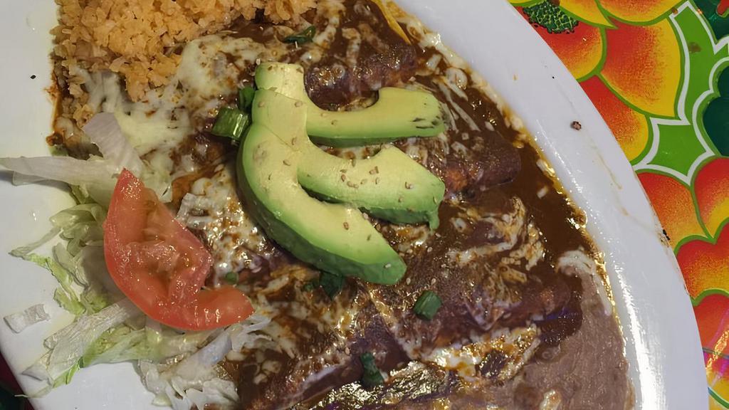 Chicken Mole Enchilada · Served with rice and beans.