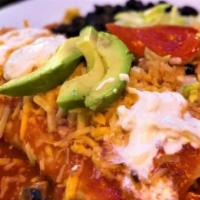 Burrito Alegre · Large flour tortilla smothered in enchilada sauce, stuffed with grilled vegetables, cactus, ...