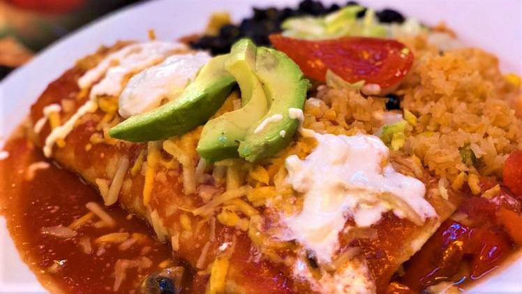Burrito Alegre · Large flour tortilla smothered in enchilada sauce, stuffed with grilled vegetables, cactus, zucchini, bell pepper, onion, and tomato. Topped with sour cream. Served with rice and black beans.