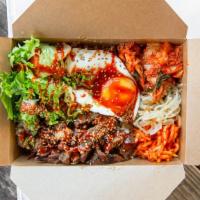 Bibim Box · Most popular. Your choice of Korean BBQ on top of jhapchae and rice with a fried egg on top....