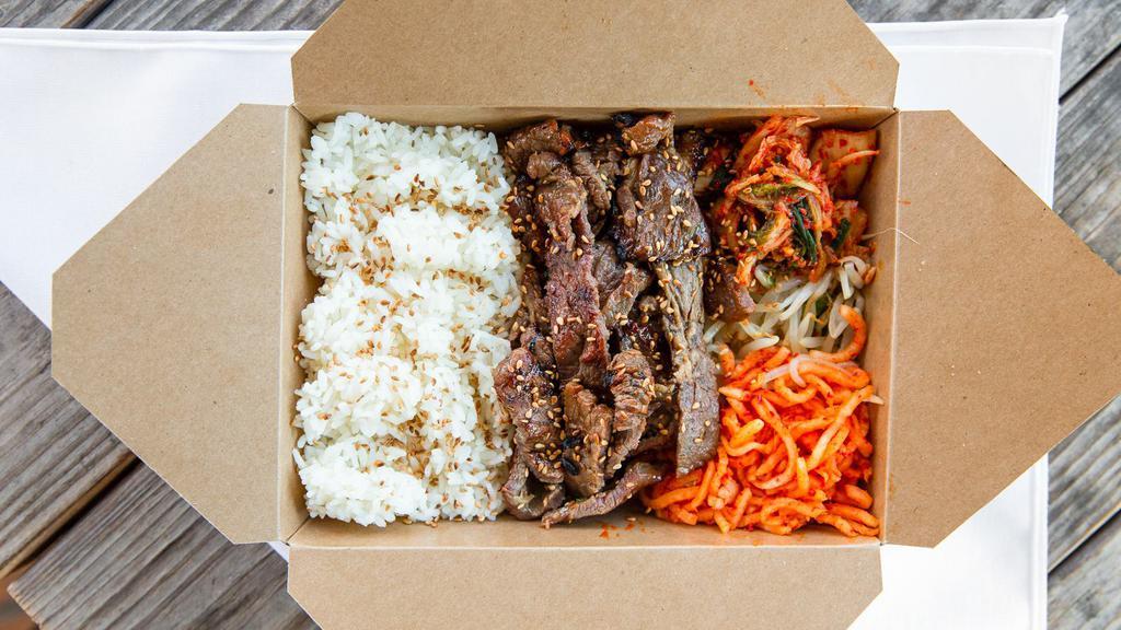 Bulgogi · Most popular. Marinated strips of beef. Comes with kim chee, sesame sprouts, daikon kim chee and rice.