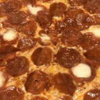 Pepperoni Pizza · Red sauce, five cheese blend, fresh mozzarella, pepperoni.