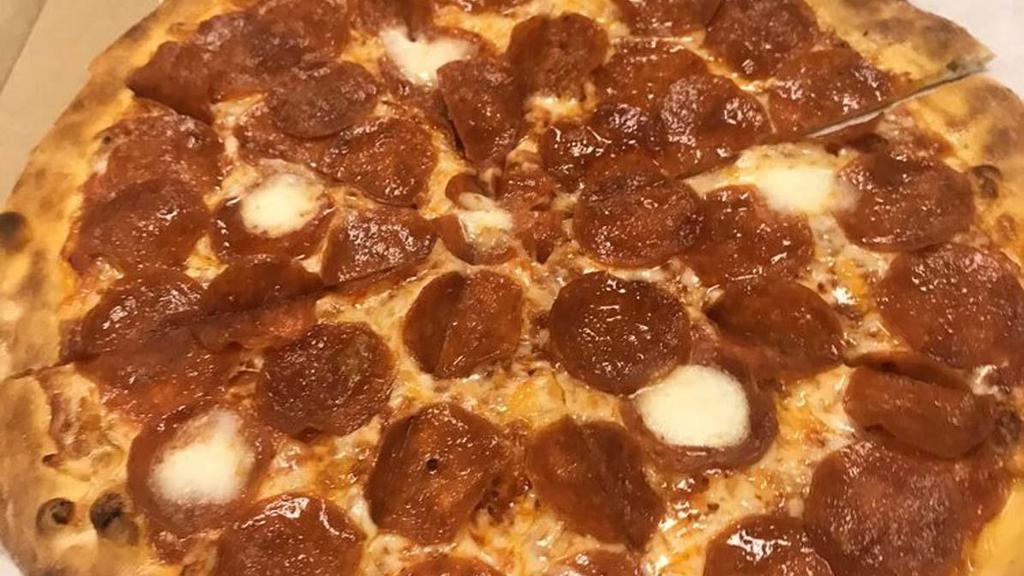 Pepperoni Pizza · Red sauce, five cheese blend, fresh mozzarella, pepperoni.