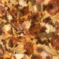 Meat Pizza · Red sauce, five cheese blend, fresh mozzarella, chicken, ham, bacon, Italian sausage, pepper...