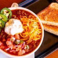 Beef & Bean Chili With The Works · Topped with cheese, sour cream, pico, fresh jalapeno and green onion. Served with buttered t...