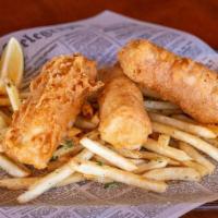 Fish And Chips · Beer Battered Atlantic Cod. Fries. Served with tartar sauce. Malt vinegar upon request.