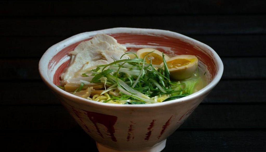 Chicken Rich  Ramen  · A hearty rich chicken broth with a light ginger and shio base. Nicknamed “The Chicken Little”. Toppings: A portion of chicken breast, a marinated egg, bamboo shoots, bok choy, and julienned green onions