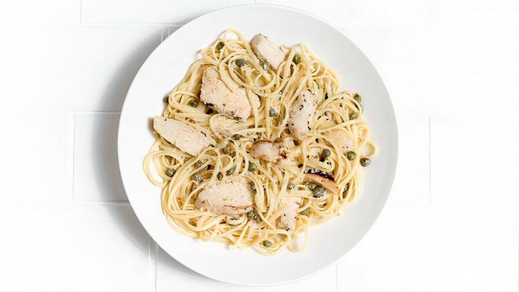 Linguini Piccata · Roasted chicken sauteed with butter, garlic, lemon, white wine, and capers.