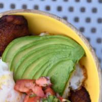 Paleo Bowl · Over medium eggs, sweet plantains, chorizo, green chile, pico de gallo, and avocado.