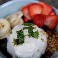 Acai Bowl · Homemade granola, greek yogurt, acai blended fruit, fresh banana, strawberry & mint