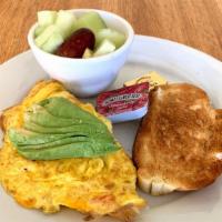 California Omelet · Eggs, cheddar, tomatoes, onions, and avocados. Comes with toast.