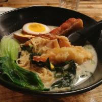 Seafood Tonkotsu Ramen · Salmon, scallop, tempura prawn, green onions, bamboo, wakame(seaweed), and egg.