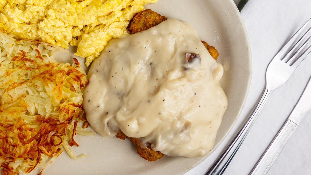 Chicken Fried Steak & Eggs · Breaded beefsteak topped with gravy, served with two eggs, any style.