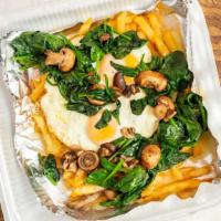 Spinach And Mushroom Skillet · Eggs your way, sautéed mushrooms, and spinach over French fries with melted Swiss cheese.