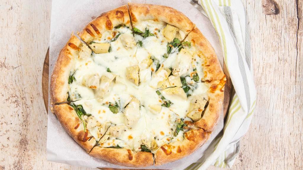 Roasted Artichoke & Spinach · Garlic and olive oil topped with mozzarella, roasted artichoke hearts, baby spinach, and parmesan cheese.