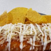 Burrito Enchilada Style · On a big flour tortilla with pinto beans (not fried or any lard), white homemade Spanish ric...