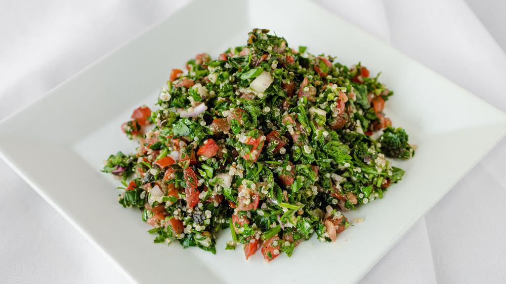 Tabouli Salad · Parsley, mint, quinoa, lemon, olive oil, tomatoes, and onions. VGN GF