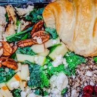 Cranberry Chicken Kale Pecan Salad With Croissant · Kale, Cranberry, Pecan, Feta, Chicken, and Honey Mustard Dressing served with a flaky all-bu...