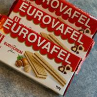 Eurovafel · Wafer product with cocoa and milk cream filling 
Contains hazelnut 180 gr.   6.35 oz.