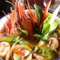 Tom Yum. · <GF : Optional> Shrimp, lemongrass, kaffir lime, fish sauce, chili, mushrooms.