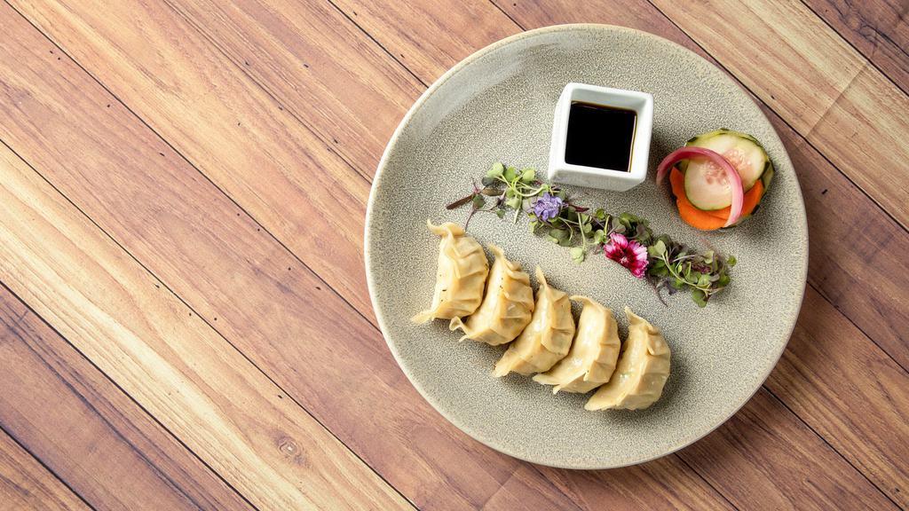 (V) Pot Stickers. · <VEGAN> Mushroom, tofu, eggplant, sweet pepper, garlic, ginger, yellow curry, soy sauce, lime, cilantro. *NOT AVAILABLE GLUTEN FREE*