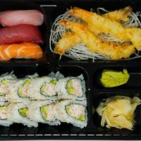Sushi And Roll Box + Miso Soup · Choice of  Roll, Chef Choice 3pc Nigiri, Shrimp Tempura And Miso Soup