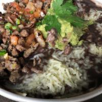 Carne Asada Bowl · Carne asada, pico De gallo, re-fried black beans, rice, guacamole, fried jalapeño, asaDero c...
