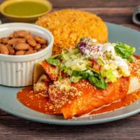 Enchiladas · Two enchiladas, veggies, grilled cheese, or meat, with rice, pinto beans, pico de gallo, sou...