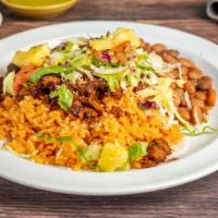 Tazon (Bowl) · Rice, pinto beans, veggies or meat, lettuce, pico de gallo, sour cream, salsa, and Cotija ch...