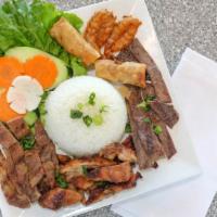 Combo Of Grilled Beef, Pork, Chicken, Shrimp & Egg Roll · Served with rice.