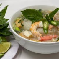 Seafood & Rice Noodle Soup · Fish meatball, crab, and shrimp served with rice noodle soup. Gluten Free. Vegan broth avail...