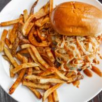 Campfire · Chicken breast, campfire sauce, Swiss, lettuce, tomato, and onion straws. Comes with fries o...