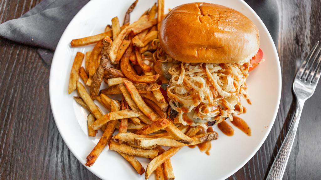 Campfire · Chicken breast, campfire sauce, Swiss, lettuce, tomato, and onion straws. Comes with fries or slaw or swap out any side for an additional charge. A gluten-free option is available upon request.