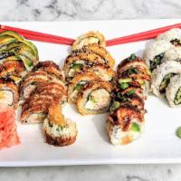 Sushi Lovers (Feeds 2) · 25 pieces of 5 different rolls: Crunch Roll (5 pcs), Las Vegas. Roll (5 pcs), Dragon Roll (5...