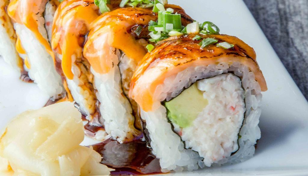 Lion King Roll · California Roll inside, torch-seared salmon on top with. dynamite sauce (10 pieces)