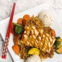 Tofu Yakisoba · Japanese noodles wok-stirred with fresh veggies and. traditional sauce, topped with flash-fr...