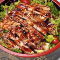 Gf Chicken Breast Salad · Chicken breast over a crisp salad with romaine lettuce,. red cabbage, julienned carrots, cuc...