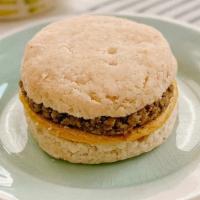 Sausage, Egg & Cheese Breakfast Sandwich · *contains coconut & soy. Fresh baked biscuit w/house made veggie sausage patty, tofu egg & c...