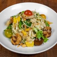 Thai Peanut Shrimp Salad · ginger marinated grilled shrimp, soba noodles, chopped peanuts, mango, cabbage, carrots, gra...