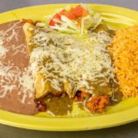Enchilada Verdes · two corn tortillas filled with your choice of meat, covered in a non-spicy green salsa and t...