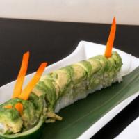 Veggie Caterpillar · Cucumber roll topped with avocado. Gluten Free
