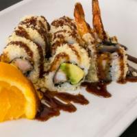 Crunchy Roll · Shrimp tempura, avocado and aioli rolled in crunchy tempura flakes and topped with unagi sau...
