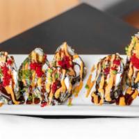 Rocky Mountain (6Pc) · California mix, avocado, cream cheese and tuna tempura fried then topped with spicy mayo una...