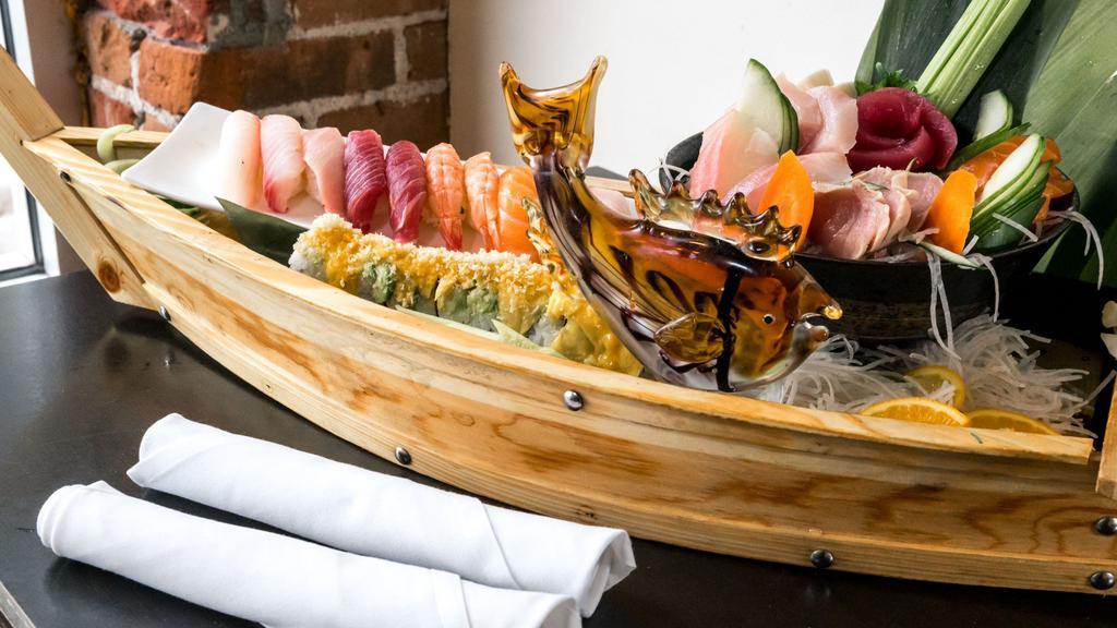 Chef’S Choice · 16pc sashimi, 10pc nigiri and 1 signature roll of 3 choices, firecracker, mango roll or green hornet.