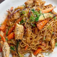 Yaki Soba · Free range red bird farms chicken fried in a Japanese panko crust and topped with a secret h...