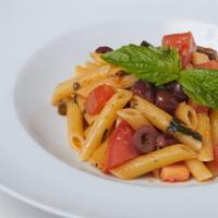 Penne Moda  · Penne pasta, fresh tomatoes, capers, garlic, kalamata olives, basil .