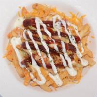Bbq Chicken Fries (One Pounder) · Regular fries, Cheddar/Jack cheese, shredded chicken, BBQ sauce, drizzled with ranch.