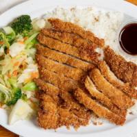 Chicken Katsu · Breaded and deep fried chicken served with steamed rice and veggie.